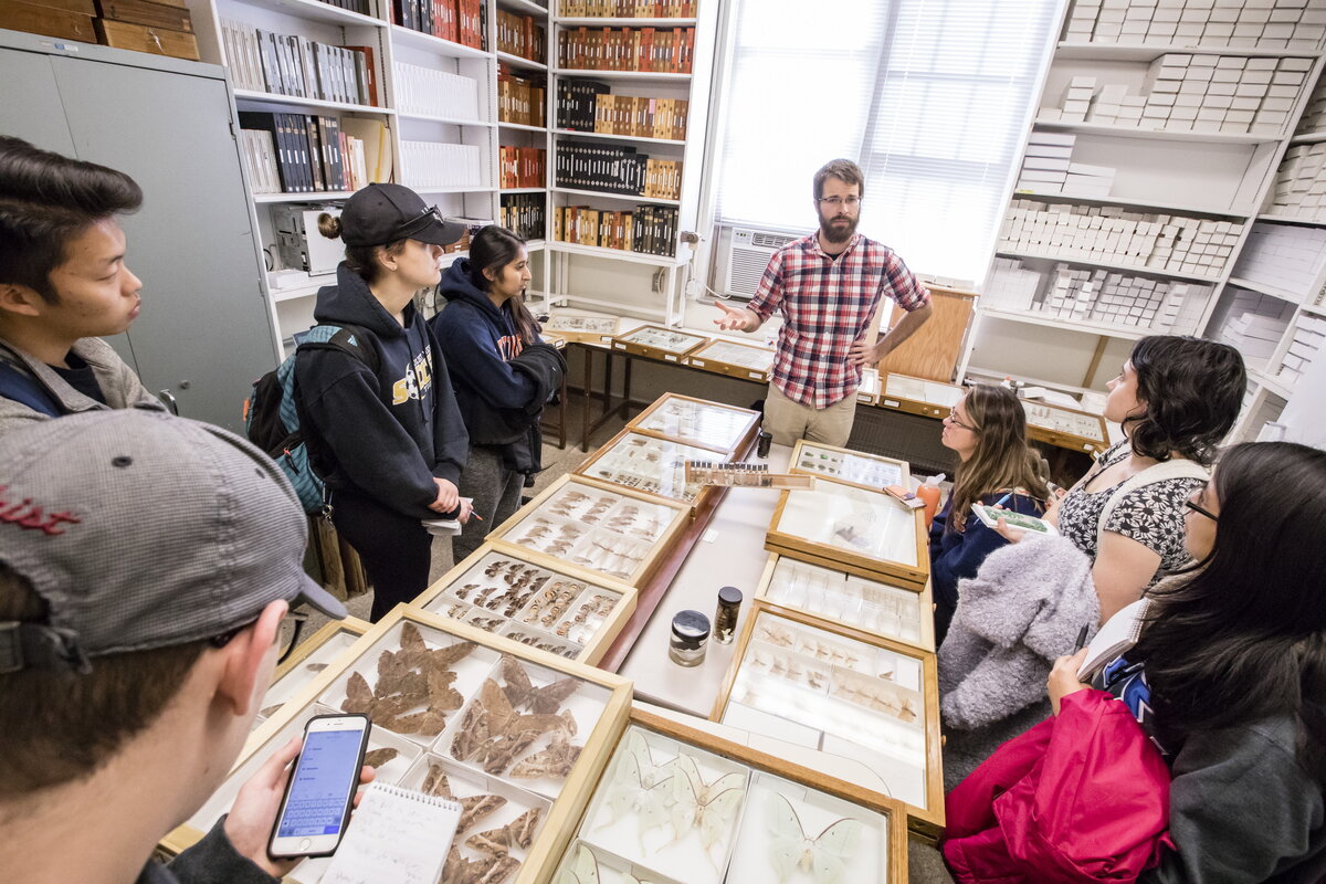 A teacher teaching a class around some display cases.